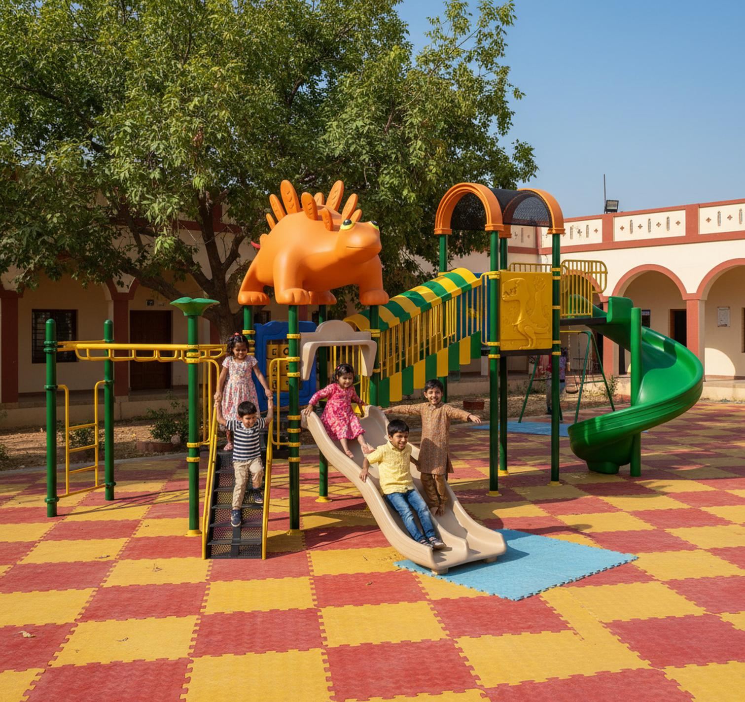 Children playing on an OK Play multiplay system installed at an Indian school - CBM IMPEX