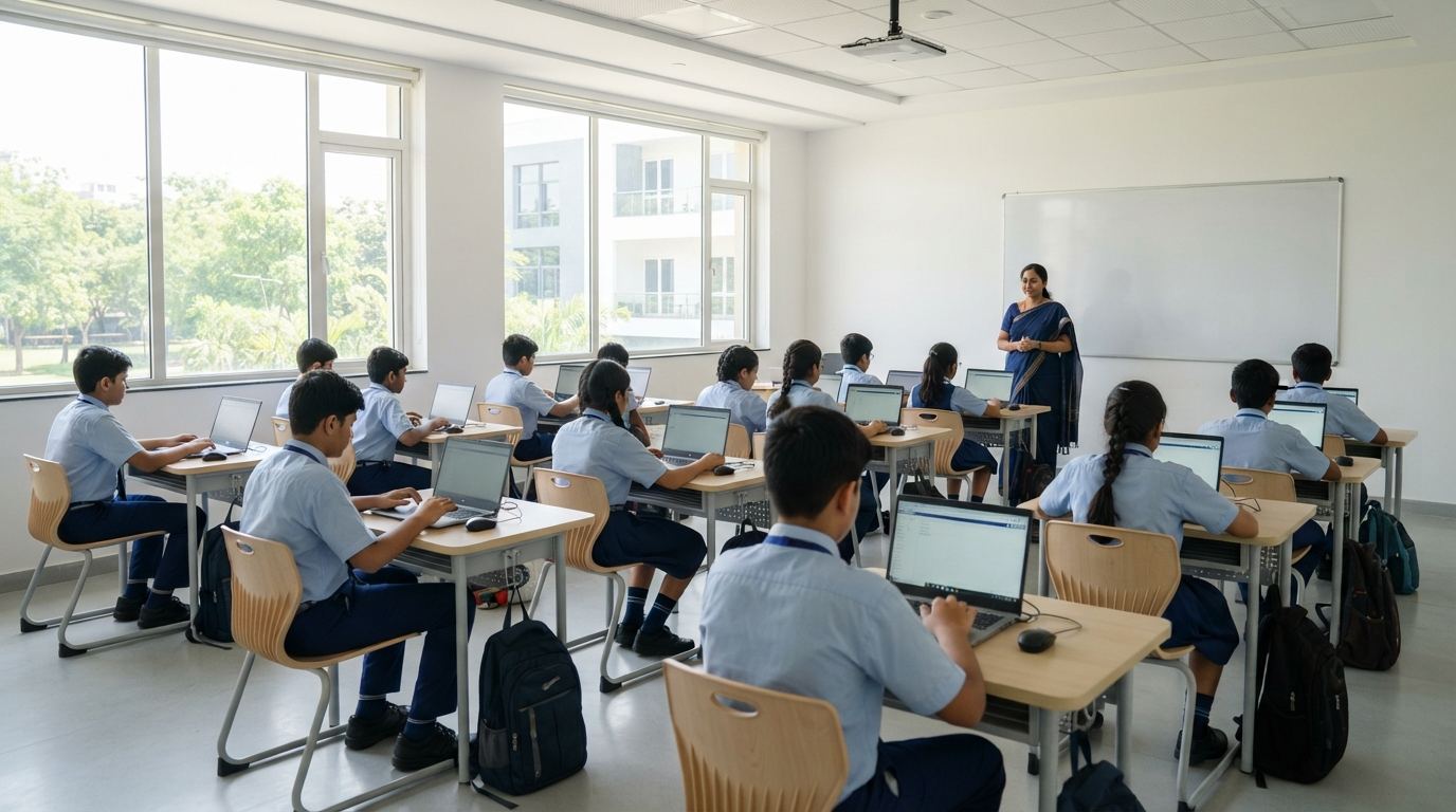 Students using laptops with Google Workspace in a classroom