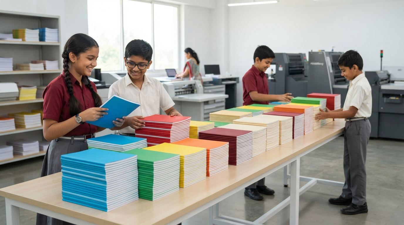 Custom printed school notebooks stacked for delivery
