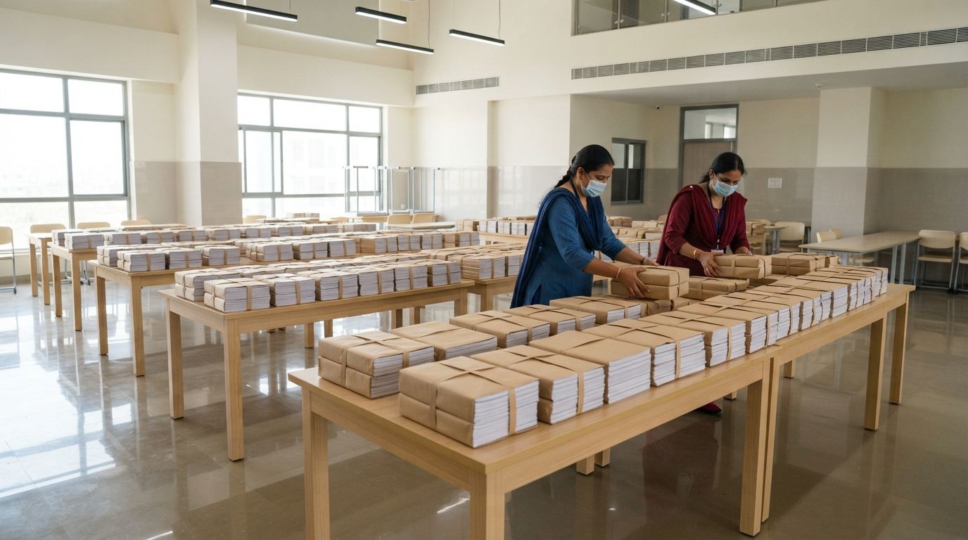Class-wise school book sets bundled for distribution